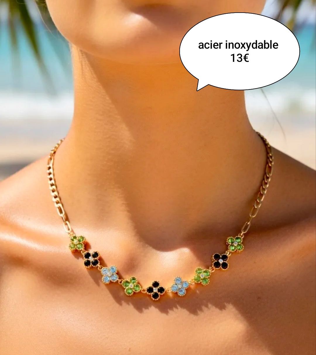 Collier acier multi trèfles