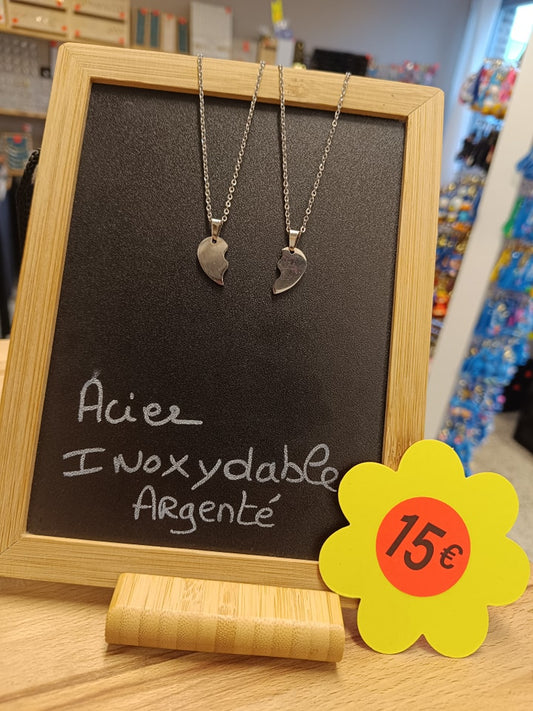 Collier coeur divisé en 2 (argenté)