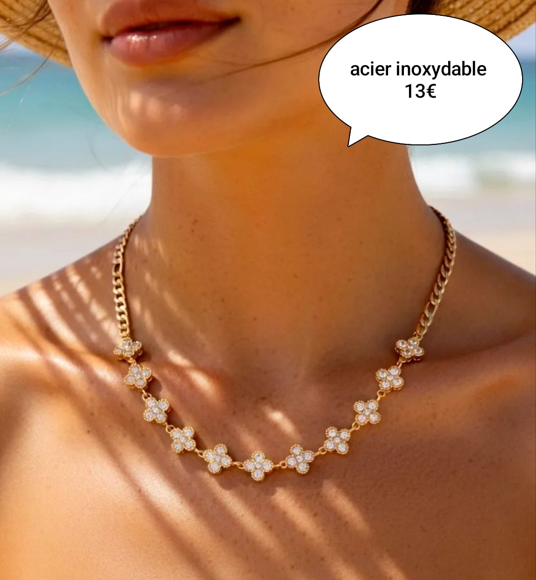 Collier acier multi trèfles